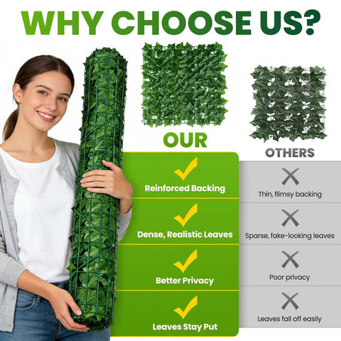 Woman holding 120 By 40 Inch Faux Ivy Privacy Fence Screen With A Reinforced Plastic Grid Base That Stays Put For Patio Balcony Garden