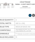Bolden 4 Light Vanity Light Fixture In Brushed Polished Nickel With Clear Seeded Glass Shades technical specifications