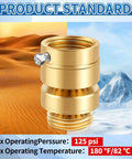 Lead Free Brass Self Draining Vacuum Breaker Adapter For Outdoor Faucets Three Quarter Inch GHT Female To Three Quarter Inch GHT Male Anti Siphon Backflow Preventer Hose Bib Spigot Replacement, gold color, shown with desert and snow backgrounds.