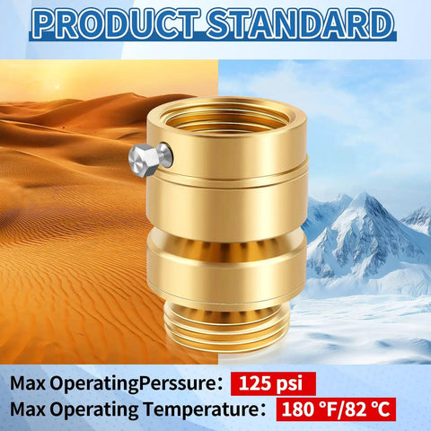 Lead Free Brass Self Draining Vacuum Breaker Adapter For Outdoor Faucets Three Quarter Inch GHT Female To Three Quarter Inch GHT Male Anti Siphon Backflow Preventer Hose Bib Spigot Replacement, gold color, shown with desert and snow backgrounds.