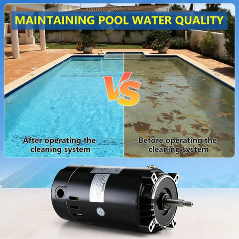 Heavy Duty One Horsepower Swimming Pool Pump Motor Drop In Replacement For Hayward And Jacuzzi Pumps shown with clear vs dirty pool water.