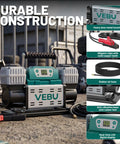 Heavy Duty 12V Air Compressor Tire Inflator With Auto Shut Off Digital Preset 150PSI on gravel with alligator clips and rubber hose.