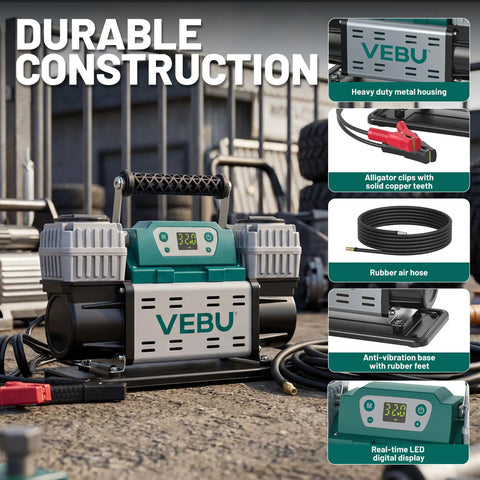 Heavy Duty 12V Air Compressor Tire Inflator With Auto Shut Off Digital Preset 150PSI on gravel with alligator clips and rubber hose.