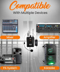 Image of UHF Wireless Microphone System Kit Portable Pro Cordless Microphone Set With Headset Lavalier Beltpack Transmitter And Receiver showcasing compatibility with mixer, amplifier, PA system, and karaoke devices.