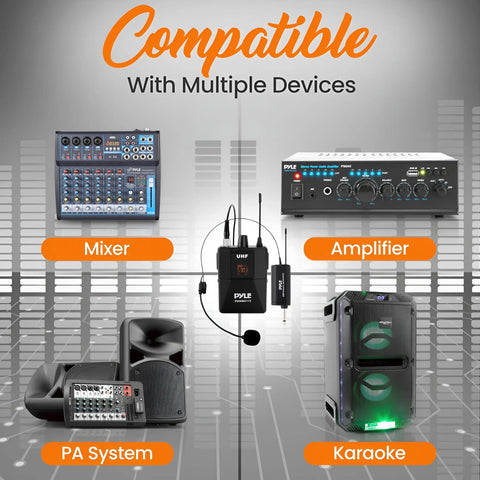 Image of UHF Wireless Microphone System Kit Portable Pro Cordless Microphone Set With Headset Lavalier Beltpack Transmitter And Receiver showcasing compatibility with mixer, amplifier, PA system, and karaoke devices.