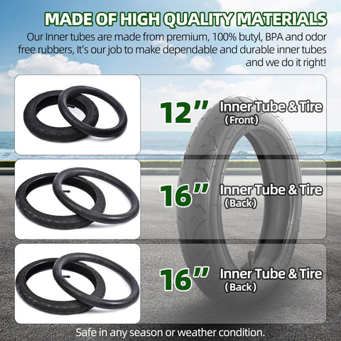 12.5 Inch Front And 16 Inch Rear Wheel Replacement Tubes And Tires For Strollers Durable Butyl Rubber BPA Free Latex Free
