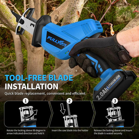 Cordless Reciprocating Saw Featuring Variable Speed Up To 3500 SPM For Smooth Tear Through Steel And Lumber Comes With Twin 2 Ah Batteries For Legit Heavy Duty Job Site Grind, showing tool-free blade installation process.