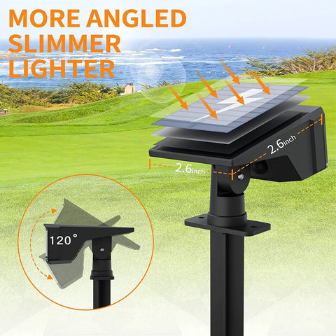 Outdoor Solar Spotlight Kit With 50 LED Lights IP65 Waterproof Landscape Pathway Lighting shown with angled design in green field