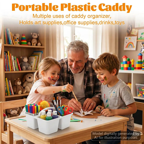 Children using Six Pack Three Compartment Plastic Classroom Organizer With Handle White Caddy for art supplies on desk