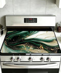 Green Gold Marble Stovetop Cover For Glass Cooktops, Heat Resistant Flat Top Mat on stove, 28 X 20 Inch, kitchen setting