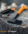 X7 Small 14 Inch Hatchet Axe With Sheath for quick wood chops, shown resting on a log with shock-absorbing handle and non-slip grip.