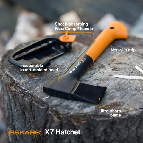 X7 Small 14 Inch Hatchet Axe With Sheath for quick wood chops, shown resting on a log with shock-absorbing handle and non-slip grip.