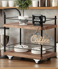 Dope Vintage Two Tier Mini Wood Coffee Bar Cart With Smooth Rolling Wheels And Spacious Dual Shelves For Any Cozy Hangout Or Quick Serve Beverage Station with mugs and coasters.