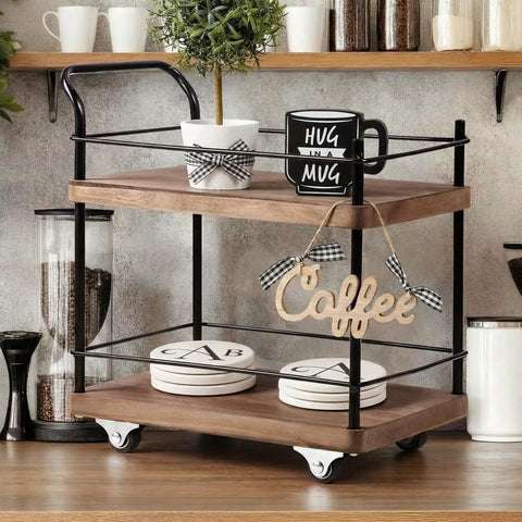 Dope Vintage Two Tier Mini Wood Coffee Bar Cart With Smooth Rolling Wheels And Spacious Dual Shelves For Any Cozy Hangout Or Quick Serve Beverage Station with mugs and coasters.