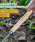 Triangle Hand Hoe With Short Wood Handle For Easy Weeding And Edging shown in use with comfort FSC ash handle.