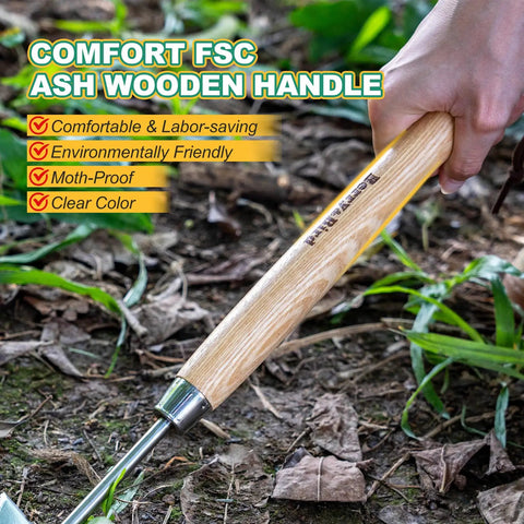 Triangle Hand Hoe With Short Wood Handle For Easy Weeding And Edging shown in use with comfort FSC ash handle.