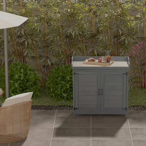 All Weather Wood Garden Storage Cabinet With Built In Workbench And Potting Table Waterproof Tool Shed For Outdoor Lawn And Patio