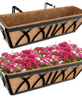 Two Pack 24 Inch Railing Planter Boxes with Coco Liners and Adjustable Brackets, rectangular window box filled with flowers.