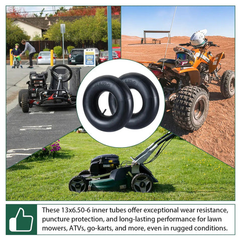2 Pack Heavy Duty 13x6.50-6 Inner Tubes With TR-13 Valve Stem For Lawn Mowers Tractors Wheelbarrows ATVs Go Karts And More Replacement Tubes Built Tough With Thick Butyl Rubber For Puncture Protection shown with go-kart, ATV, and lawn mower