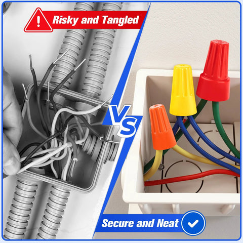 350-piece wire connector kit; front view shows tangled wires, installed view shows red, yellow, orange wire nuts in a box.