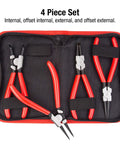 Four Piece Snap Ring Pliers Set With Self Opening Spring Loaded Handles For Internal And External Rings One Hand Operation Comfortable Grip Offset Nose For Easy Access Pro Grade Heavy Duty Fits Ring Diameters From 0.06 To 2 Inches displayed in a carrying case.