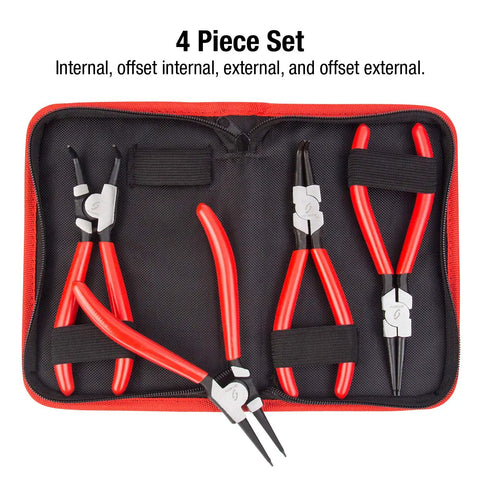 Four Piece Snap Ring Pliers Set With Self Opening Spring Loaded Handles For Internal And External Rings One Hand Operation Comfortable Grip Offset Nose For Easy Access Pro Grade Heavy Duty Fits Ring Diameters From 0.06 To 2 Inches displayed in a carrying case.