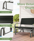 Dark green outdoor glider bench with steel frame featuring smooth gliding rail, reinforced frame, and anti-slip footpads.