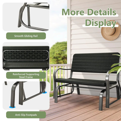 Dark green outdoor glider bench with steel frame featuring smooth gliding rail, reinforced frame, and anti-slip footpads.