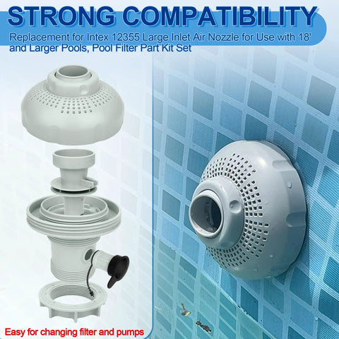 Large Inlet Air Nozzle For Above Ground Pool Pumps 1900 2450 GPH installed on pool wall with detailed parts view