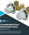 Multi Turn Chrome Shower Stall Valve One Half Inch IPS Brass Wall Mounted Shower Valve For Standard Showers Durable High Impact Construction Easy Install Replacement Valve For Modern Bath, polished chrome finish, two handles visible, brass construction.