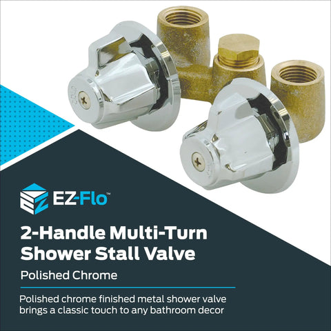 Multi Turn Chrome Shower Stall Valve One Half Inch IPS Brass Wall Mounted Shower Valve For Standard Showers Durable High Impact Construction Easy Install Replacement Valve For Modern Bath, polished chrome finish, two handles visible, brass construction.