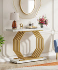 Gold Console Table With Faux Marble Top And Geometric Metal Base A 40 Inch Modern Entryway Table For Your Living Room Hallway Or Foyer White And Gold Dope Finish That Elevates Any Space, installed in living room with decor