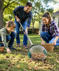 Family using Straight Up Easy Roll Pine Cone Picker Upper With Telescoping Handle and Wide Steel Basket for yard cleanup.