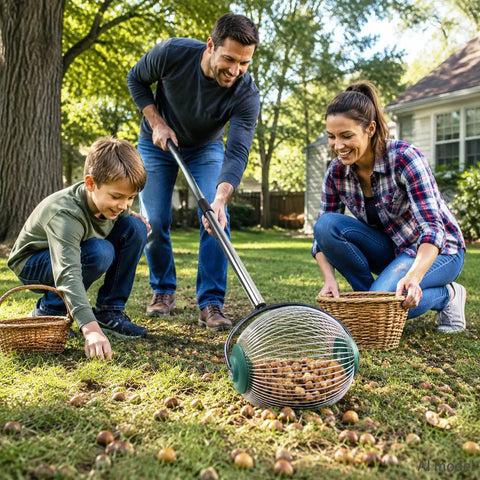 Family using Straight Up Easy Roll Pine Cone Picker Upper With Telescoping Handle and Wide Steel Basket for yard cleanup.