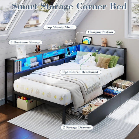 Super Solid Corner Twin XL Bed Frame With Built In Storage Bookcase And Plush Tufted Upholstered Headboard For Kids Room features storage shelves.