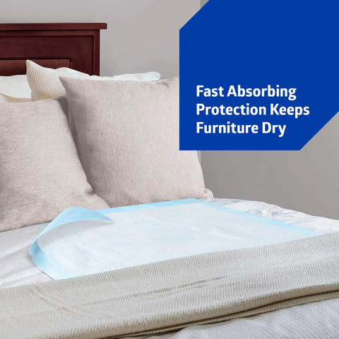 No Mess Heavy Duty Disposable Underpads 23 By 36 Inches 150 Pack on a bed providing protection against spills.