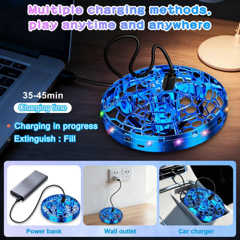 Kids Drone For Indoor And Outdoor Fun 2026 Upgrade with USB charging, LED lights, blue hand-operated UFO orb on desk