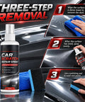 Step-by-step guide with Two Pack Universal Car Scratch Repair Spray showing application on car surfaces.