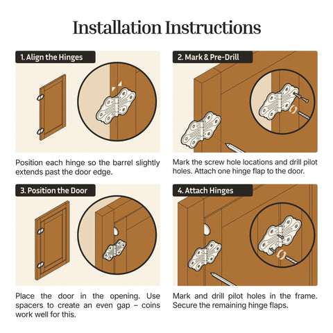 Installation instructions for Slick Polished Nickel Butterfly Hinges For Cabinets And Cupboards with step-by-step visuals.
