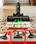M18 Battery Compatible Cordless Vacuum Cleaner 8 In 1 Stick Vac with pet brush demonstrating 35KPa suction on hardwood and carpet