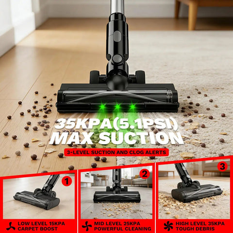 M18 Battery Compatible Cordless Vacuum Cleaner 8 In 1 Stick Vac with pet brush demonstrating 35KPa suction on hardwood and carpet