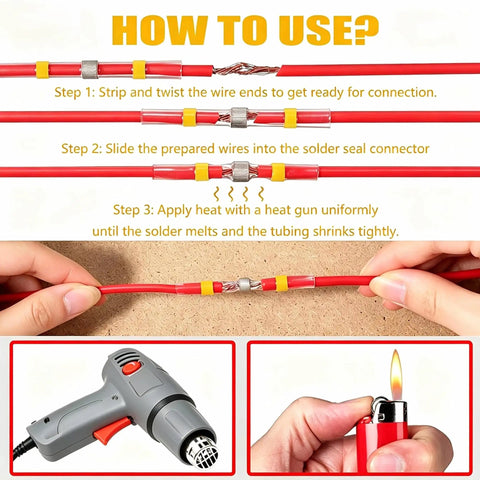 How to use Ridiculously Durable Heat Shrink Solder Seal Wire Connectors 12 To 10 AWG Yellow 50 Pack illustrated steps.