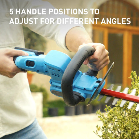 Man using Cordless Hedge Trimmer With 22 Inch Dual Action Blades 20V 4Ah Battery Included Fast Charger And Safety Goggles