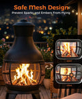 Chiminea Outdoor Fireplace Wood Burning Fire Pit For Backyard In brown-black finish with mesh screen, safe mesh design