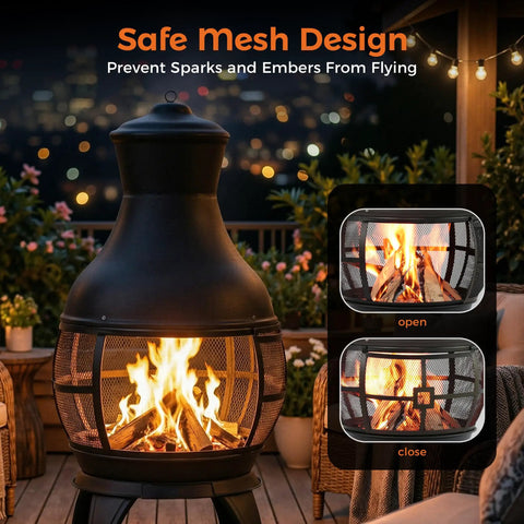 Chiminea Outdoor Fireplace Wood Burning Fire Pit For Backyard In brown-black finish with mesh screen, safe mesh design