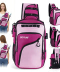 Pink Fishing Tackle Sling Bag With Rod Holder Ultra Durable 1680D Water Resistant Material Anti Slip Waist Strap Three Tackle Boxes Perfect Gift For Women And Girls Who Love Fishing On The Go displayed with multiple views.