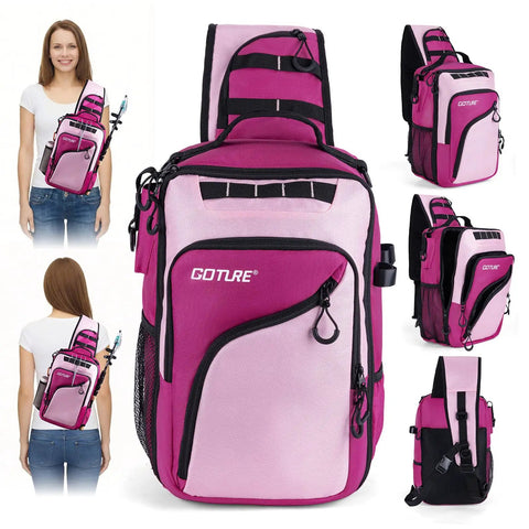 Pink Fishing Tackle Sling Bag With Rod Holder Ultra Durable 1680D Water Resistant Material Anti Slip Waist Strap Three Tackle Boxes Perfect Gift For Women And Girls Who Love Fishing On The Go displayed with multiple views.
