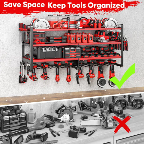 Upgrade Large Four Tier Power Tool Organizer Wall Mount With Beefy Heavy Duty Metal Construction And 400lbs Capacity Shelves