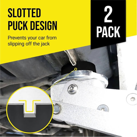 Slotted Rubber Jack Pads For Pro Grade Lifts, Pinch Weld And Frame Rail Protector in use on vehicle lift.