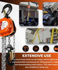 Portable Mini Manual Chain Hoist Quarter Ton 550 Lbs Capacity, 10 Ft Lift, 10.2 Inch Headroom, in use with different machinery